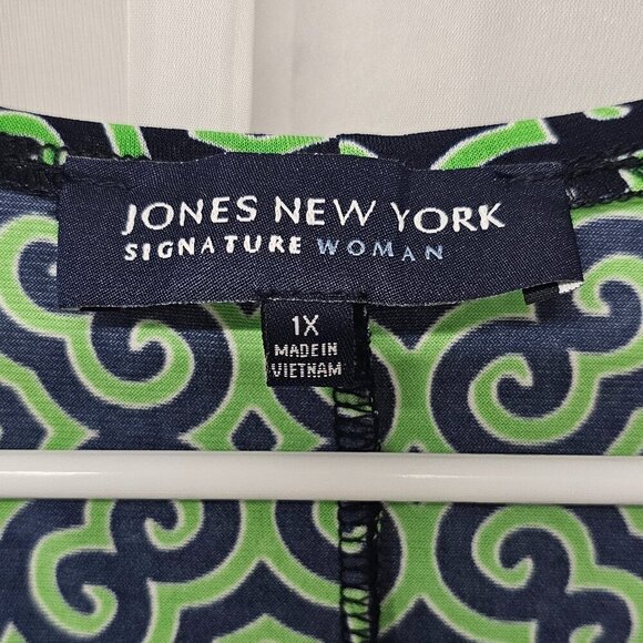 Jones New York Green Blue Faux Wrap Dress Geometric Ruched Retro 1X - Picture 9 of 12
